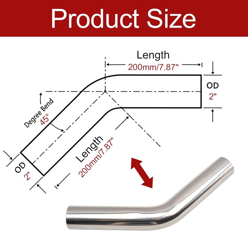 BIGREAT OD 2'' Inch (51MM) 45 Degree Bend Elbow Stainless Steel Turbocharger Pipe Tube Intercooler Pipe High Class Brushed Treatment Air Intake Tube Pipe Polished Universal-2PCS - Image 2